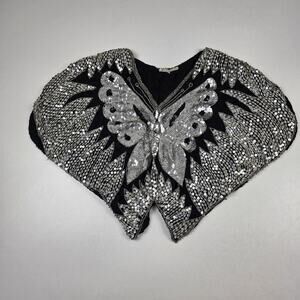Vintage Sequin‎ Butterfly Shirt Womens One Size Black Silver Silk Beaded 80s